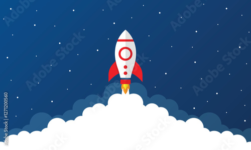 Vector Flying Rocket Background With Smoke Cloud. Startup Space Ship Background