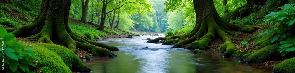 Riverine landscape with lush moss and tree roots, tree, water Riverine landscape with lush moss and tree roots, tree, water