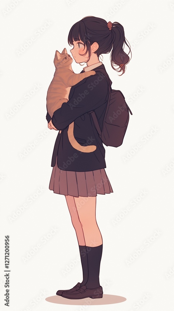 Anime girl in a school uniform holding an orange cat in a side view Anime girl in a school uniform holding an orange cat in a side view