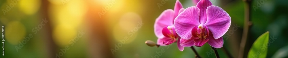 Rare orchid blooms with wavy petals against sunlit foliage, rare, wavy petals Rare orchid blooms with wavy petals against sunlit foliage, rare, wavy petals
