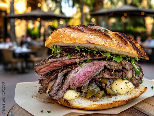 Grilling Bison Sandwich Gourmet Restaurant Realistic Food Photography Outdoor Dining Close-Up Culinary Delight