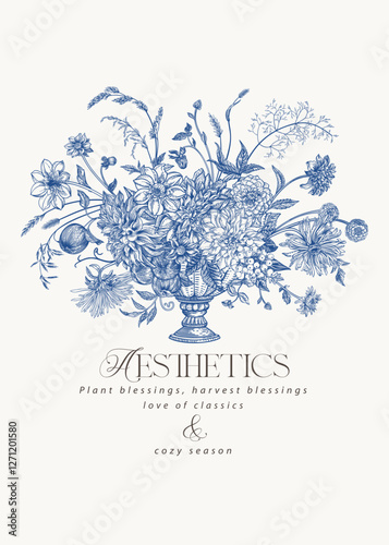Invitation card with vase and flowers. Vintage drawing of garden flowerpot with lush bouquet of flowers. Detailed botany. Blue