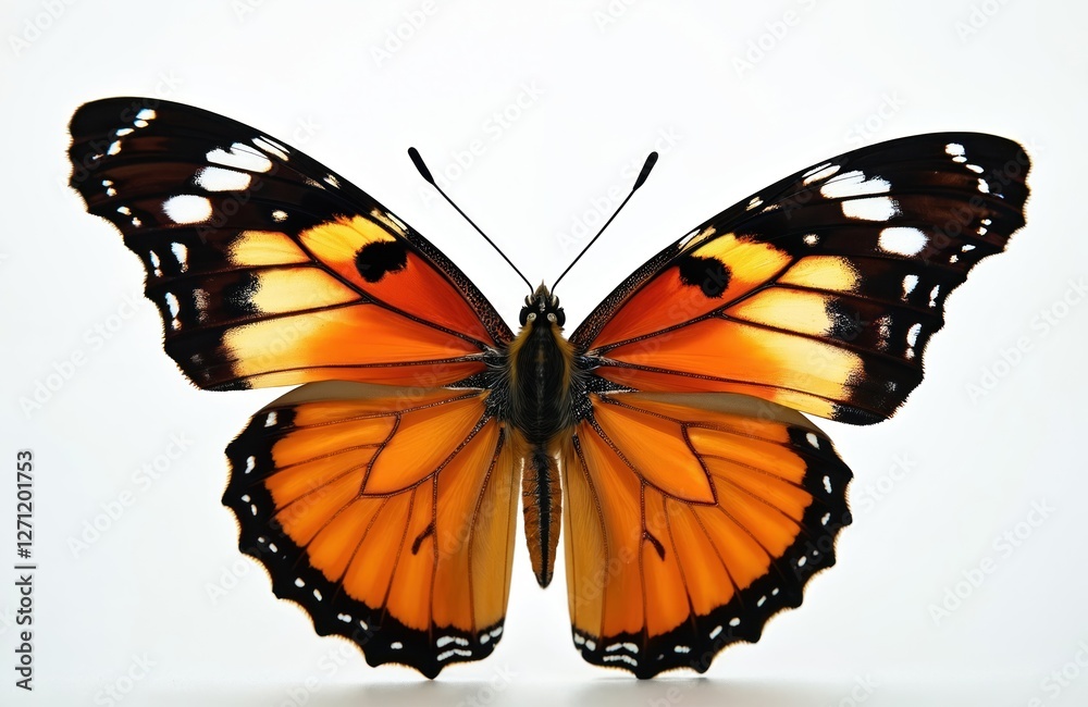 Fototapeta premium Vibrant monarch butterfly with bold orange, black, white colors wings on clean white background. Detailed close-up of insect wings. Concept for metamorphosis, transformation, beauty and nature.