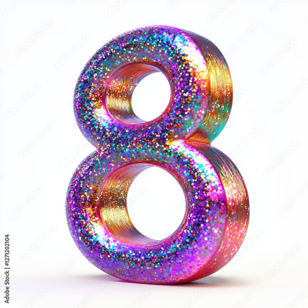 Number 8 crafted from shimmering holographic metal on a clean white background for 8 March International Womens Day Number 8 crafted from shimmering holographic metal on a clean white background for 8 March International Womens Day