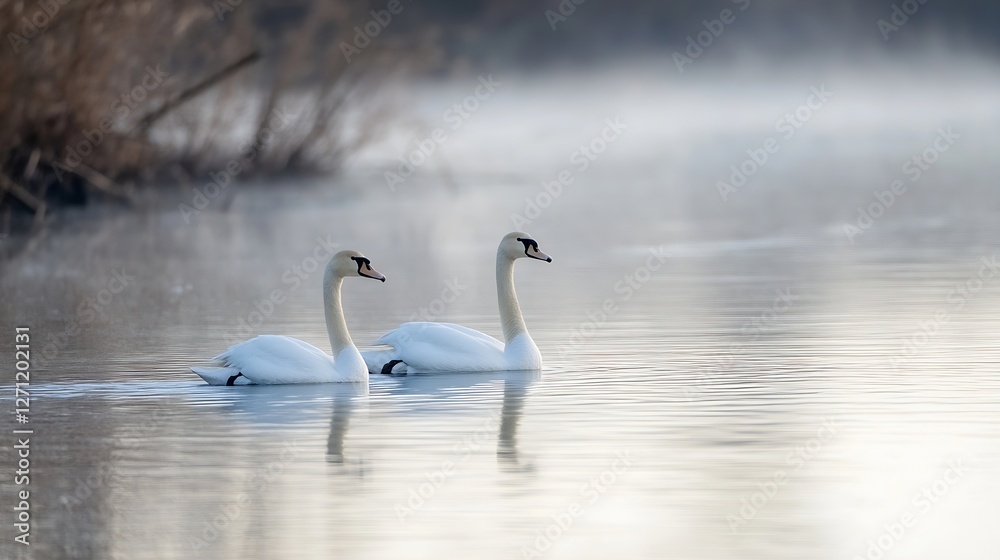 Graceful swans gliding on a tranquil lake surrounded by soft mist and beautiful nature scenery : Generative AI Graceful swans gliding on a tranquil lake surrounded by soft mist and beautiful nature scenery : Generative AI