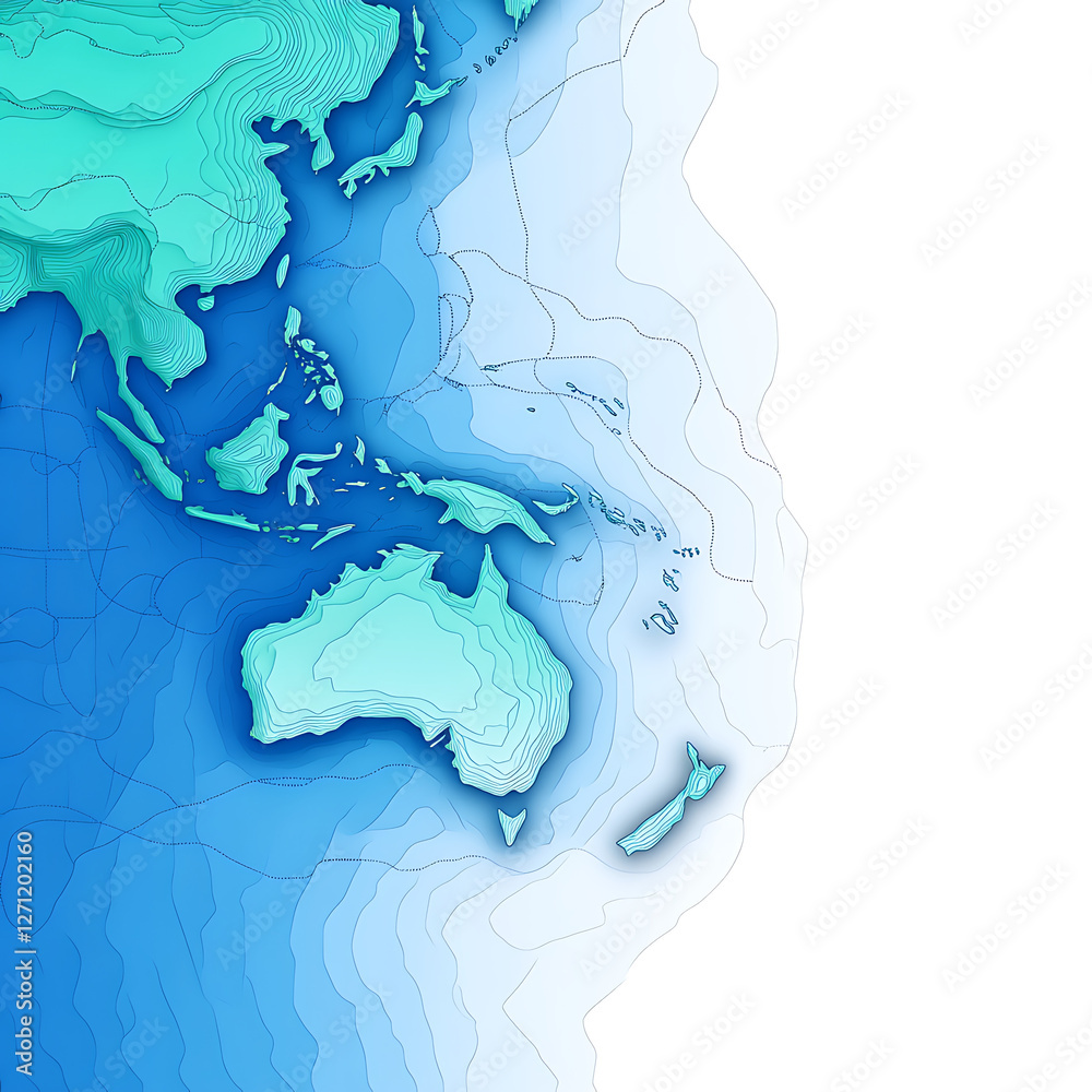 Detailed Topographical Map of Eastern Asia Australia and Oceania Region with Ocean Depths Graphic