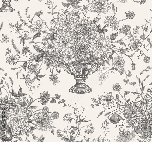 Seamless pattern with garden vases and flower bouquets. Floral arrangement with autumn and summer flowers, apples, berries and cereals. Harvest festival. Vector vintage illustration. Black and white.