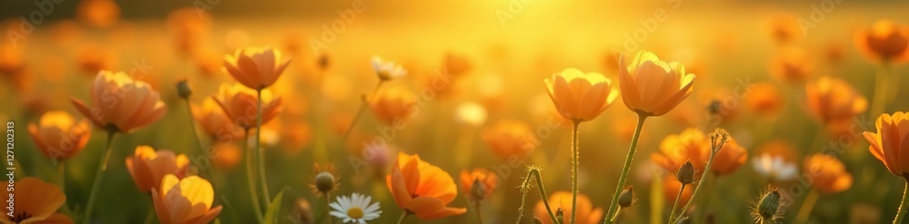 Softly glowing flowers in a vast field of golden hues, meadow, fields, wildflowers Softly glowing flowers in a vast field of golden hues, meadow, fields, wildflowers