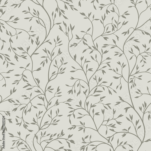 Seamless pattern with small leaves on winding branches. Vector illustration. Gray.