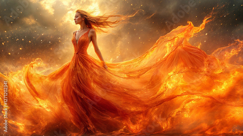 Very attractive caucasian woman in a flaming ball gown. Fashion advertising image