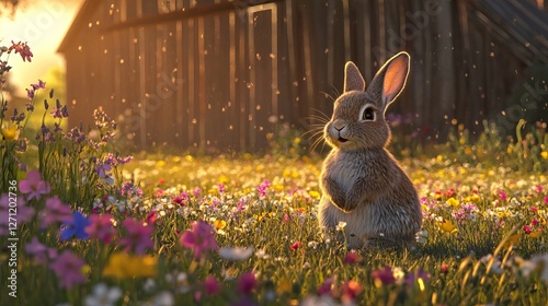 Adorable Baby Bunny in Spring Meadow Golden Hour Sunlight Cute Fluffy Rabbit Wildflower Field Peaceful Nature Scene Happy Easter Animal pet art day    photo