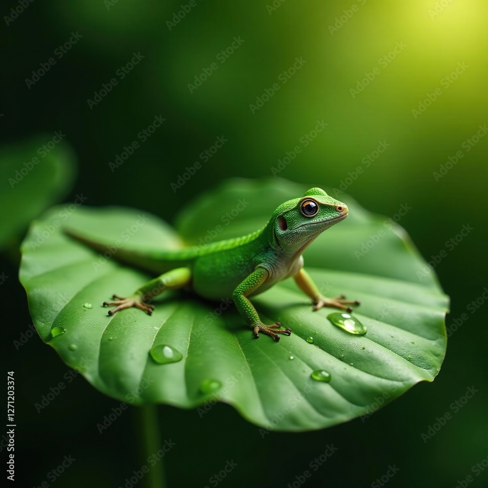 Green anole lizard basking in the sun on a flat lamb's ear leaf with a few water droplets, reptile, foliage Green anole lizard basking in the sun on a flat lamb's ear leaf with a few water droplets, reptile, foliage