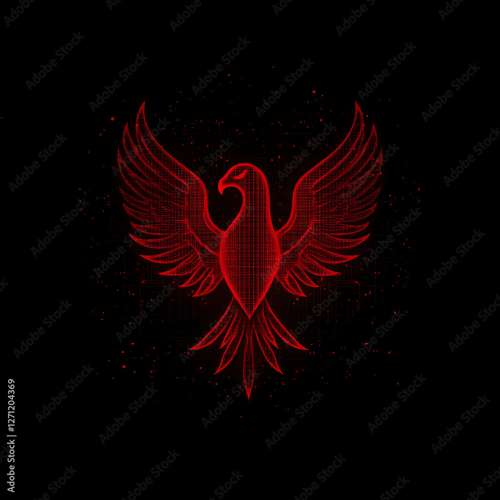 Obraz premium Digital Phoenix Rising From the Ashes in a Geometric Crimson Grid on a Black Background