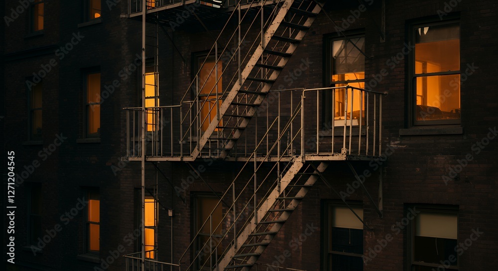 Obraz premium Building Exterior with Fire Escape and Warm Light Coming From Windows