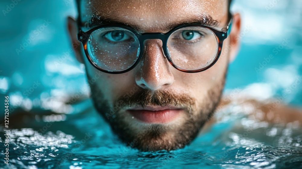 Fototapeta premium Myopia prevention with a man wearing glasses swimming in a lake. Wellness, fitness, and eye protection