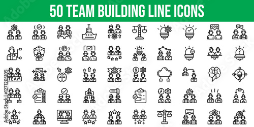 Set of 50 Outline Icons Related to Team Building. Line Icon Collection. Editable stroke. Vector illustration