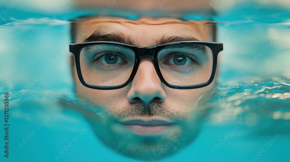 Naklejka premium Myopia prevention with a man wearing glasses swimming in a pool. Fitness, water activity, and eye health