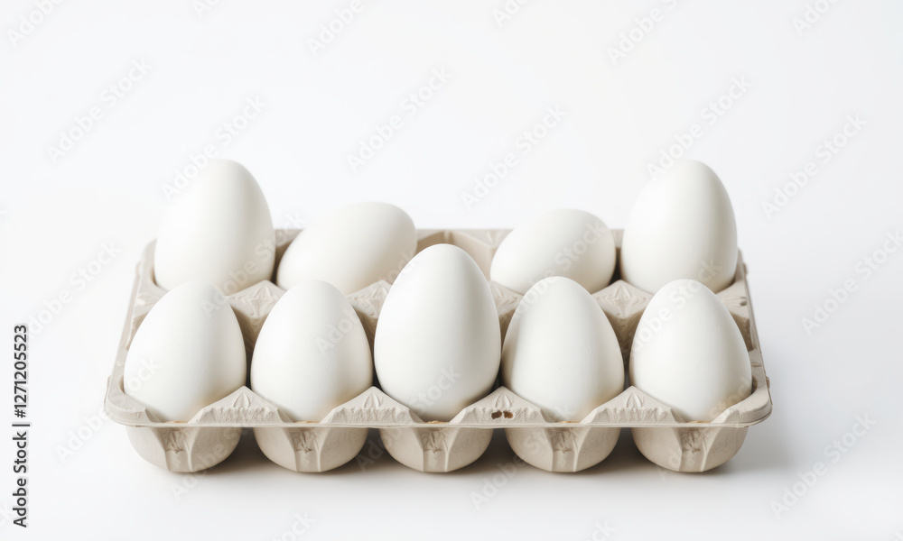 Fresh white eggs in carton, perfect for cooking and baking. Ideal for Easter decorations or culinary presentations, these eggs symbolize purity and simplicity Fresh white eggs in carton, perfect for cooking and baking. Ideal for Easter decorations or culinary presentations, these eggs symbolize purity and simplicity