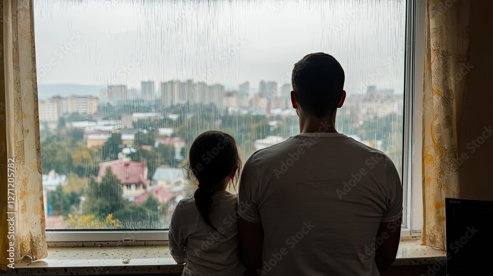 Acid rain climate change concept. A father and child enjoying a quiet moment together by the window, overlooking the city. Acid rain climate change concept. A father and child enjoying a quiet moment together by the window, overlooking the city.