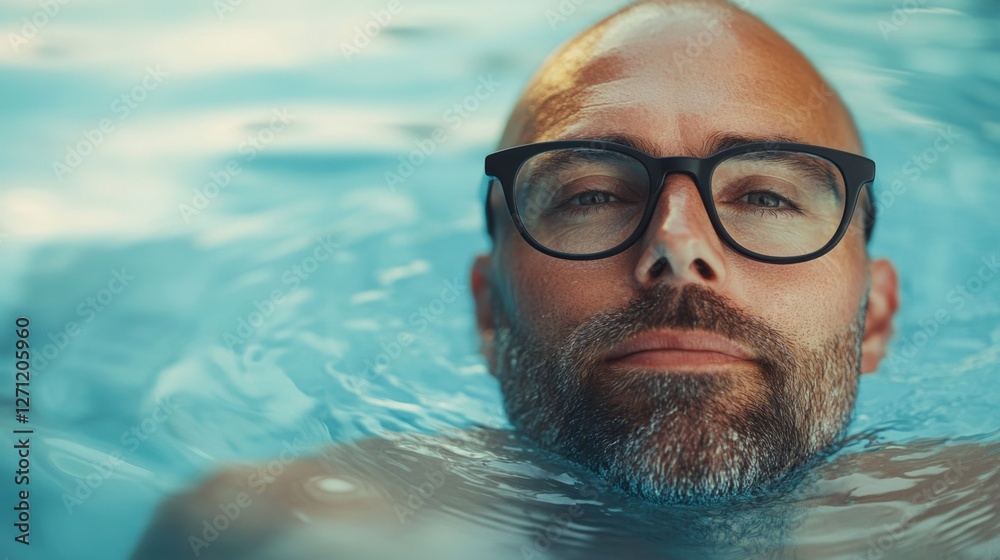 Fototapeta premium Myopia prevention with a man wearing glasses swimming in a pool. Outdoor fitness, wellness, and eye health