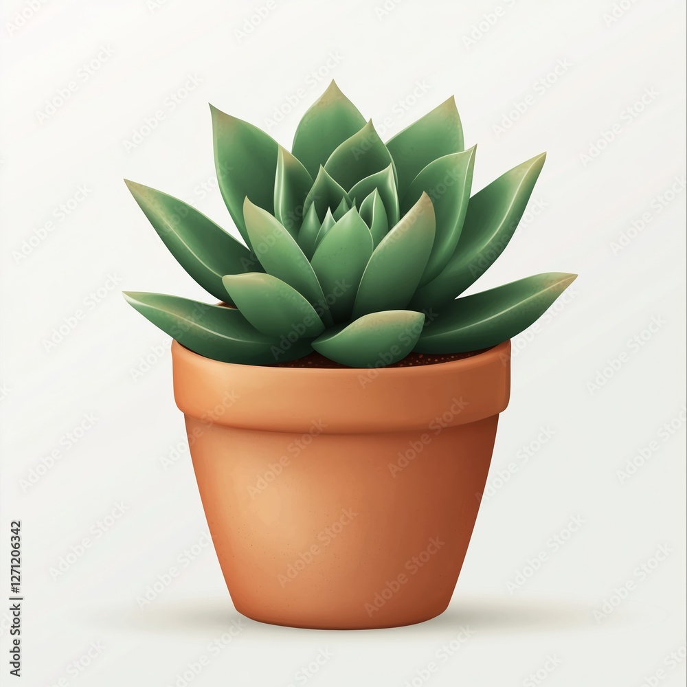 A highly detailed, realistic illustration of a green succulent with fleshy leaves in a simple terracotta pot, set against a clean white background. A highly detailed, realistic illustration of a green succulent with fleshy leaves in a simple terracotta pot, set against a clean white background.