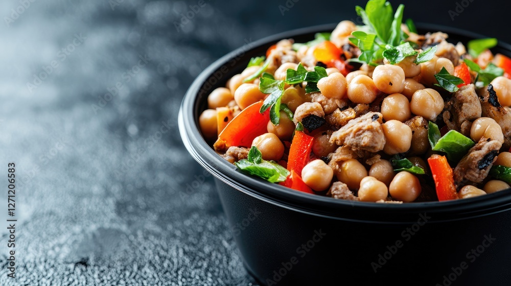 Healthy chickpea salad in black bowl on dark surface. Possible use food photography Healthy chickpea salad in black bowl on dark surface. Possible use food photography