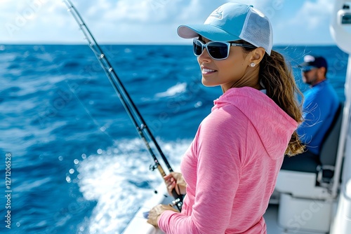 A photo of an attractive, athletic woman in her late thirties wearing sunglasses and a hat, fishing from the back deck of a sport fishing cabin cruiser