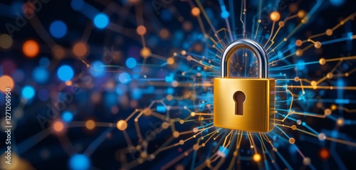 A dynamic digital background featuring interconnected nodes, with a gold padlock icon on the right, representing cybersecurity and data protection concepts.