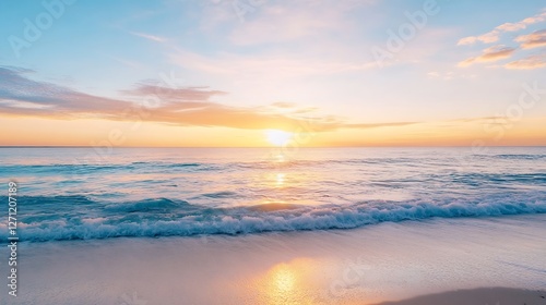 Serene sunset over the ocean with gentle waves and soft pastel colors reflecting on the tranquil water's surface : Generative AI