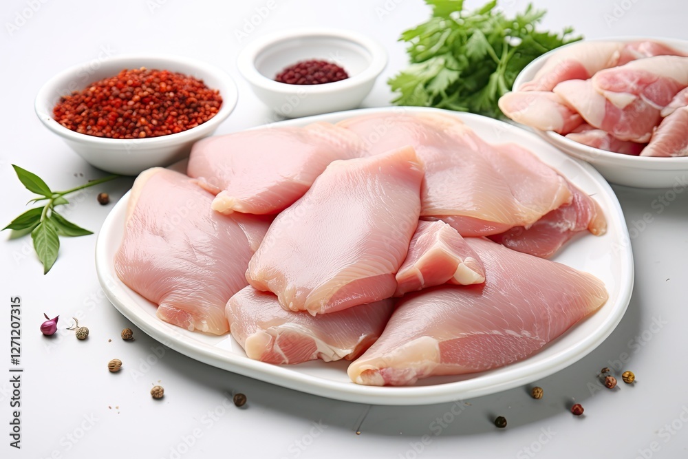 Uncooked chicken portions fillet thigh wings strips and legs on a white cooking table with spices Uncooked chicken portions fillet thigh wings strips and legs on a white cooking table with spices
