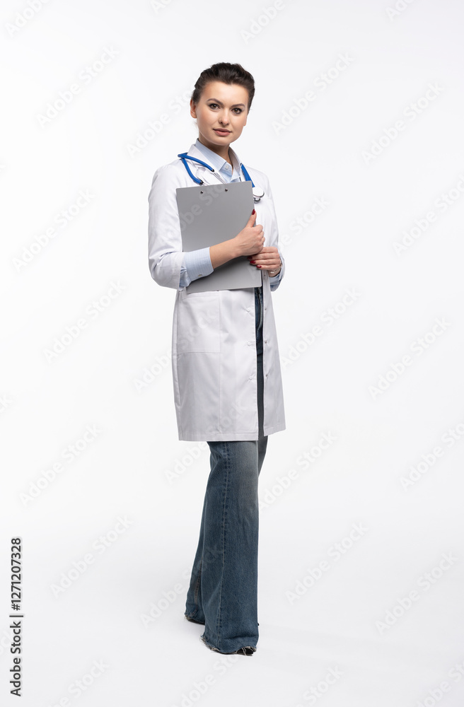 Friendly woman doctor in uniform holding clipboard, cheerful female therapist with stethoscope posing on white