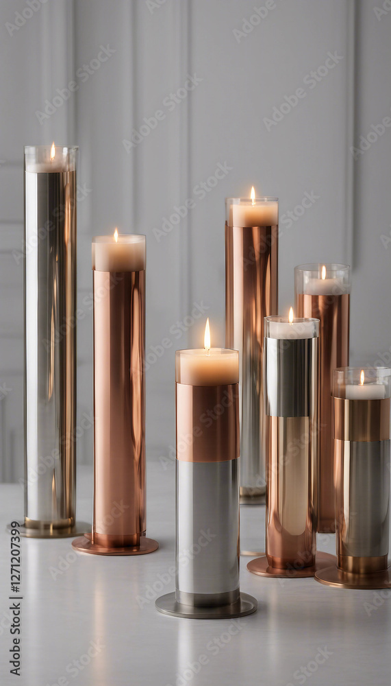 A selection of stylish candles in refined metallic candle holders, perfect for decoration or creating an elegant ambiance. The combination of gold, silver, and bronze accents adds sophistication to an A selection of stylish candles in refined metallic candle holders, perfect for decoration or creating an elegant ambiance. The combination of gold, silver, and bronze accents adds sophistication to an
