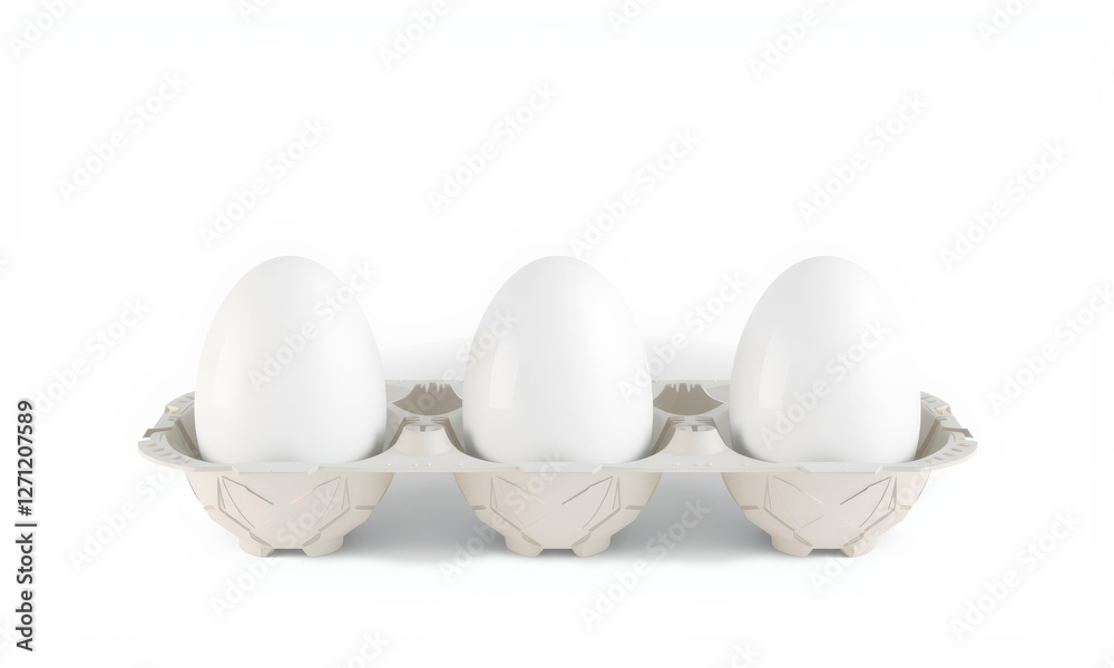 Three white eggs in cardboard egg carton on white background, symbolizing freshness and simplicity. Perfect for food related themes or Easter celebrations Three white eggs in cardboard egg carton on white background, symbolizing freshness and simplicity. Perfect for food related themes or Easter celebrations