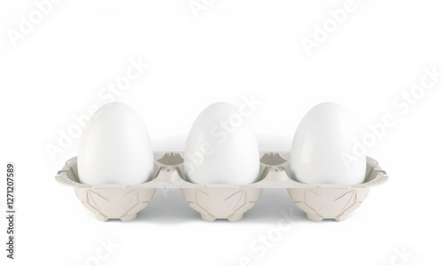 Three white eggs in cardboard egg carton on white background, symbolizing freshness and simplicity. Perfect for food related themes or Easter celebrations photo