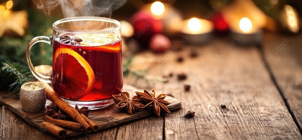 Warm spiced wine, Christmas candles, cozy winter Warm spiced wine, Christmas candles, cozy winter