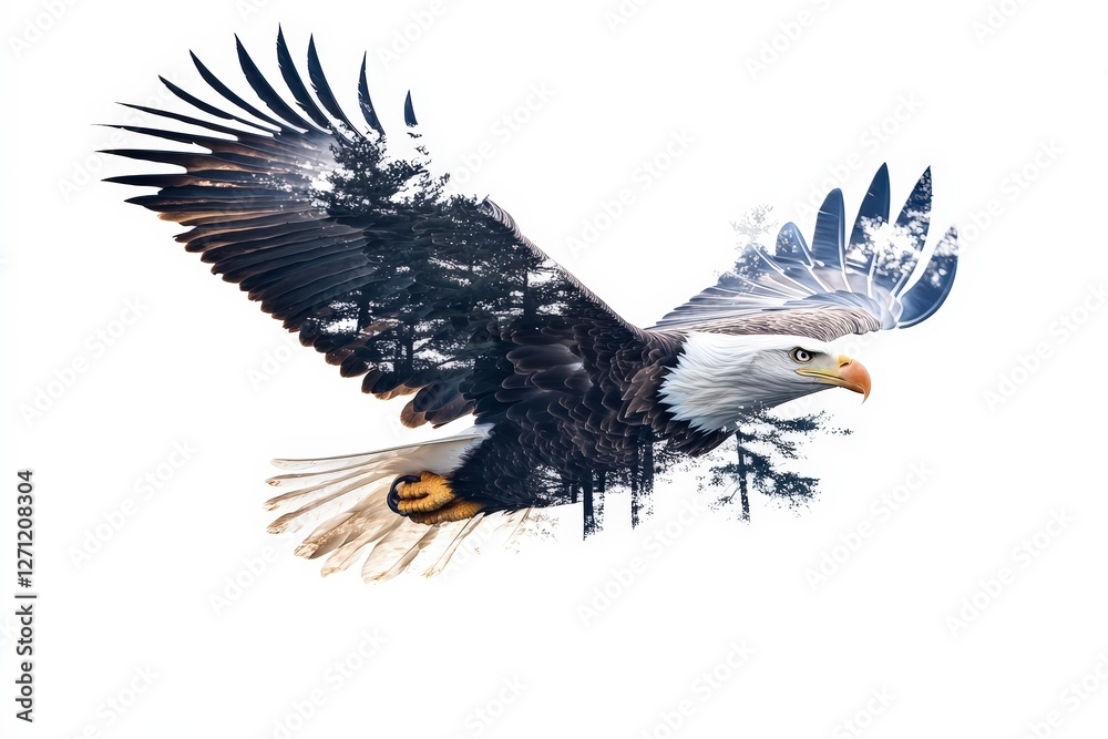 Fototapeta premium Majestic Bald Eagle Soaring Through the Forest with Graceful Wings