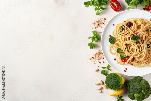 Vegan and vegetarian friendly Mediterranean food spaghetti with broccoli bucatini with peppers garlic and pine nuts Light white table with top view and copy s