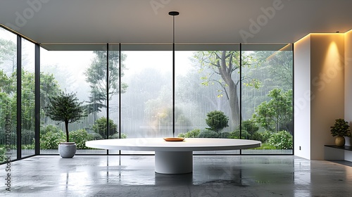 Clean, minimalist design with a white table positioned near a floor-to-ceiling window, rain visible outside, the room bathed in soft, diffused light,  HD 8K ramzan wallpaper Photographic Image