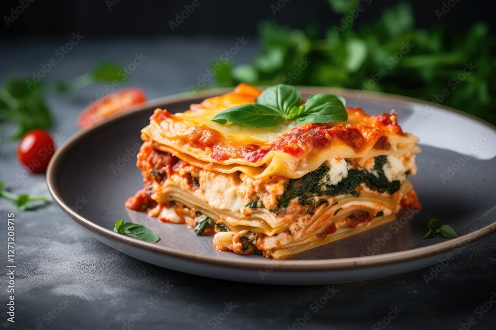 Vegetarian homemade lasagna with tomato sauce cheese tomatoes and spinach on a light concrete backdrop Focus on the dish Vegetarian homemade lasagna with tomato sauce cheese tomatoes and spinach on a light concrete backdrop Focus on the dish