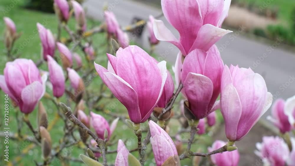 A bunch of pink magnolia flowers are blooming on a tree. A bunch of pink magnolia flowers are blooming on a tree.
