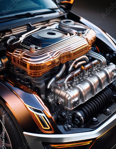 Modern car engine showcasing intricate design and advanced technology in close-up view