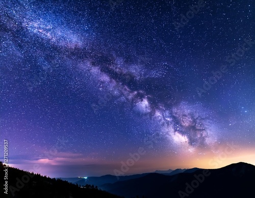 Spectacular view of the Milky Way galaxy over a mountain landscape at night