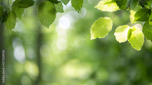 Fresh green leaves glistening in sunlight, creating serene bokeh effect