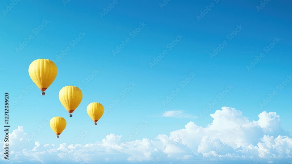 Fototapeta premium Three Yellow Hot Air Balloons Soaring in a Blue Sky with Fluffy White Clouds