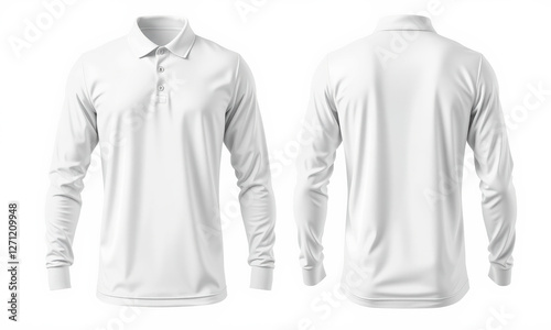 plain white long sleeve polo shirt mockup showcasing front and back views, perfect for design presentations and apparel branding