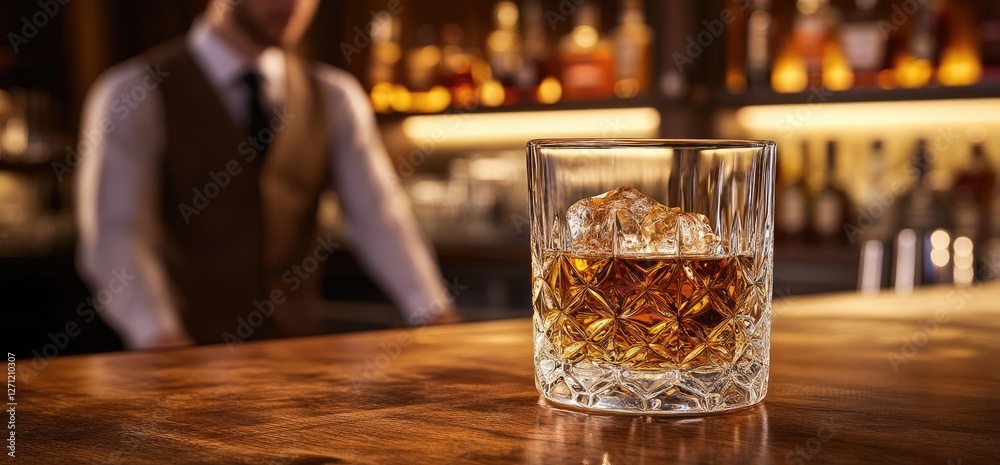 Whiskey on the rocks, bar, blurry bartender. Category Drinks Whiskey on the rocks, bar, blurry bartender. Category Drinks