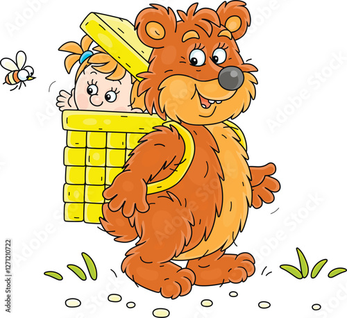 Funny big brown bear carrying a wicker basket with a naughty little girl, vector cartoon illustration on a white background