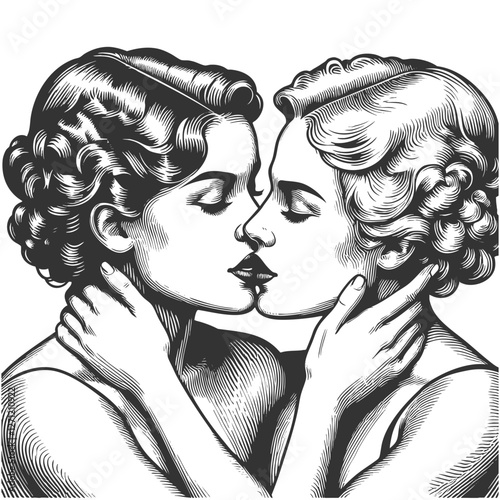 two women sharing a passionate kiss, evoking a vintage aesthetic with deep emotion and intimacy sketch engraving generative ai vector illustration. Scratch board imitation. Black and white image.