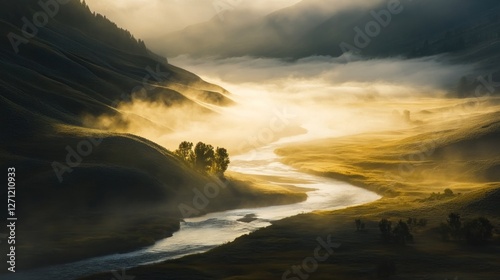 Golden Hour River Valley, A Serene Landscape Embraced by Morning Mist