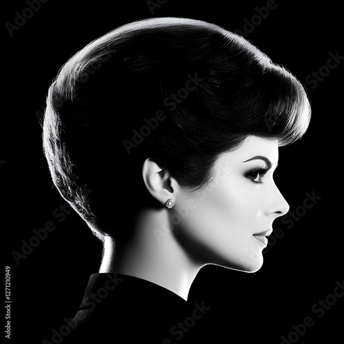 Elegant Profile Portrayal of a Woman With Classic Hairstyle and Diamond Earring in Black and White photo